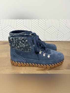 NWT MUK LUKS Suede Flexi Monticello Ankle Boots Navy Knit Cuff Size 11